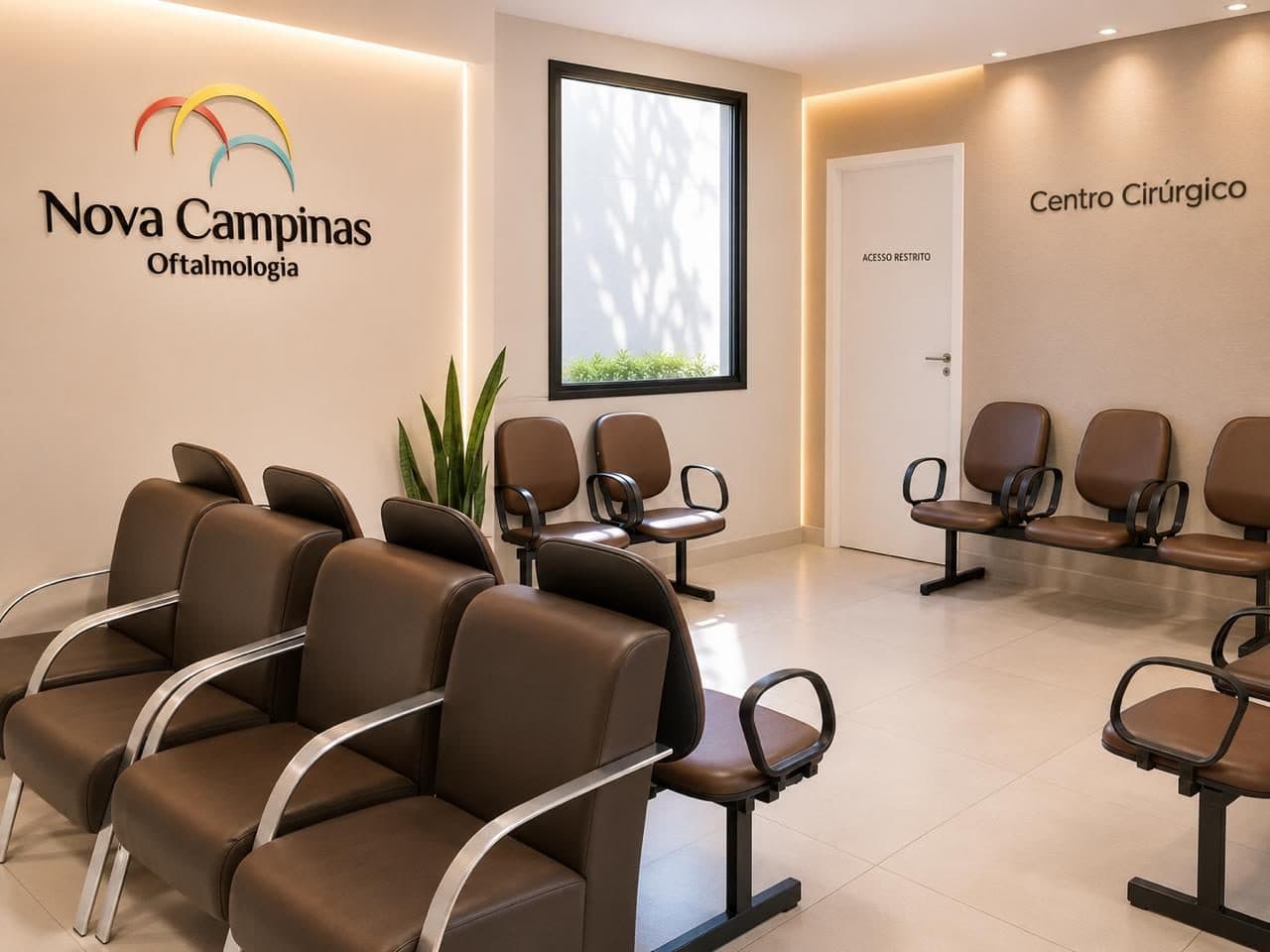 Sala de espera do centro cirúrgico da Nova Campinas Oftalmologia, com poltronas e a porta de acesso restrito ao centro cirúrgico