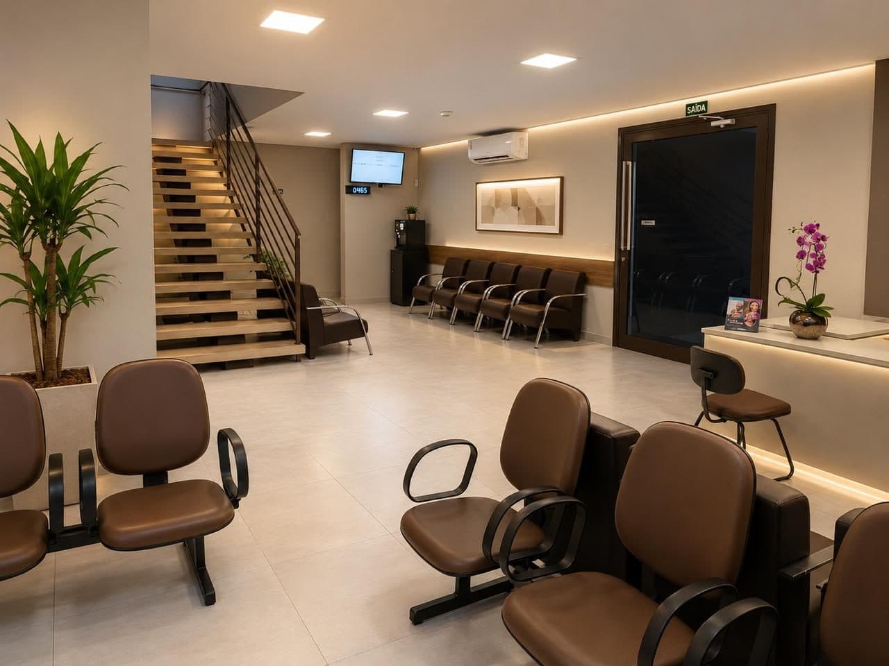 Sala de espera do térreo da Nova Campinas Oftalmologia, com escada de acesso ao primeiro andar, painel de senhas e poltronas